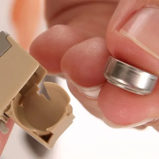 Hearing aid with its battery door open, displaying the battery inside—highlighting that free batteries are included with purchase.