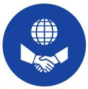 Graphic of two hands shaking with a globe behind, symbolizing international brands, superior quality, and performance in global markets